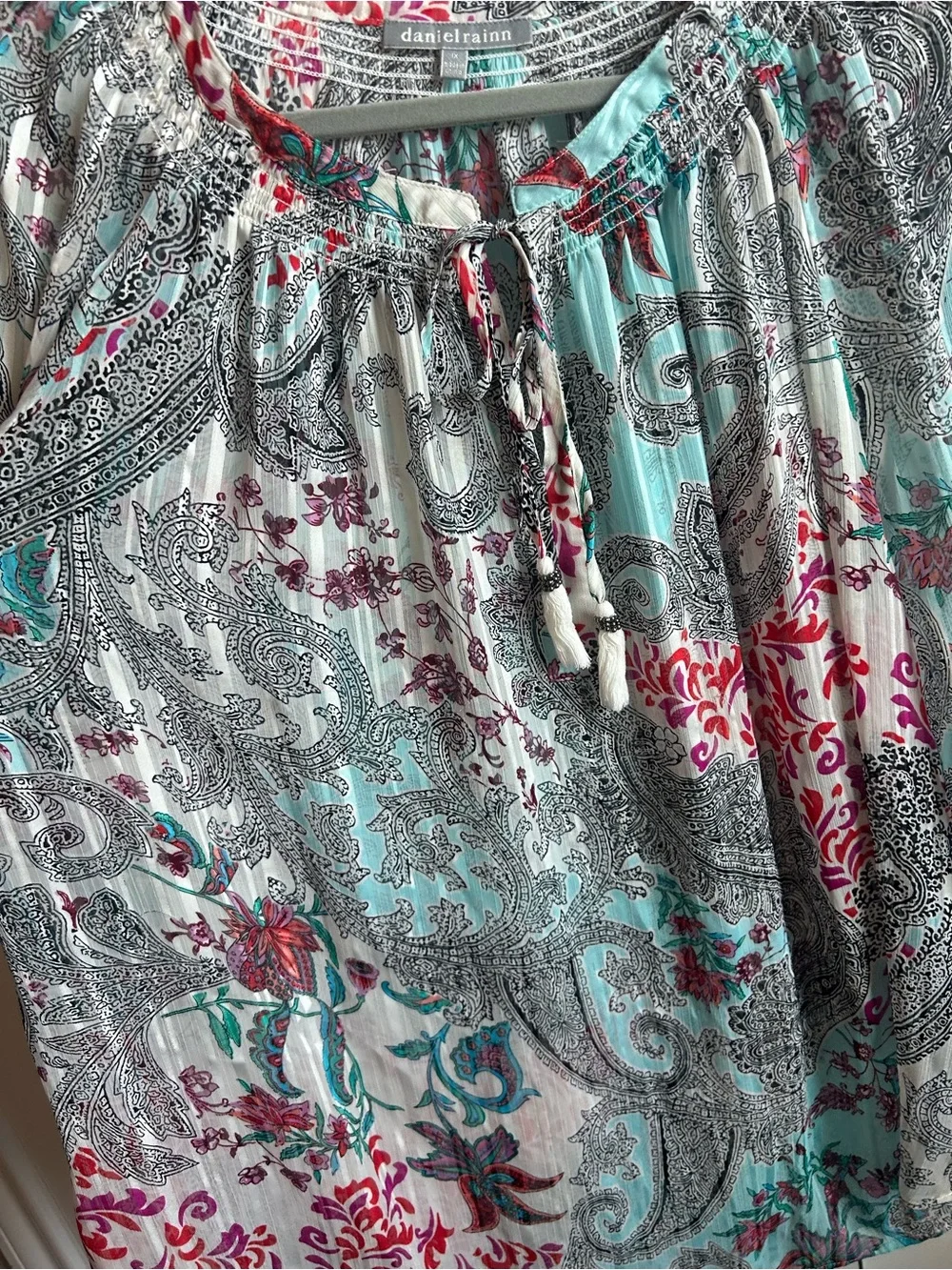 Daniel Rainn 1X Aqua & Pink Floral Paisley Peasant Blouse - Picture 3 of 15
